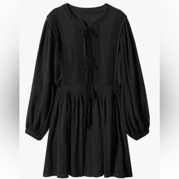MNG black tie up front Roman dollman sleeves elastic waist Boho dress Sz L - Picture 11 of 15
